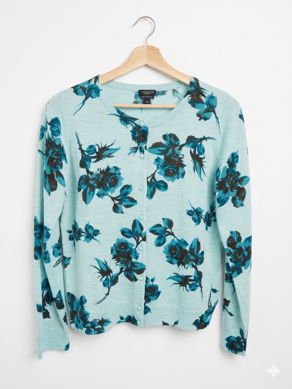 Talbots Pure Italian Merino Wool Teal Floral Button Cardigan
